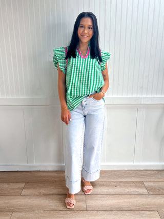 Eloise Check Print Flutter Sleeve Top