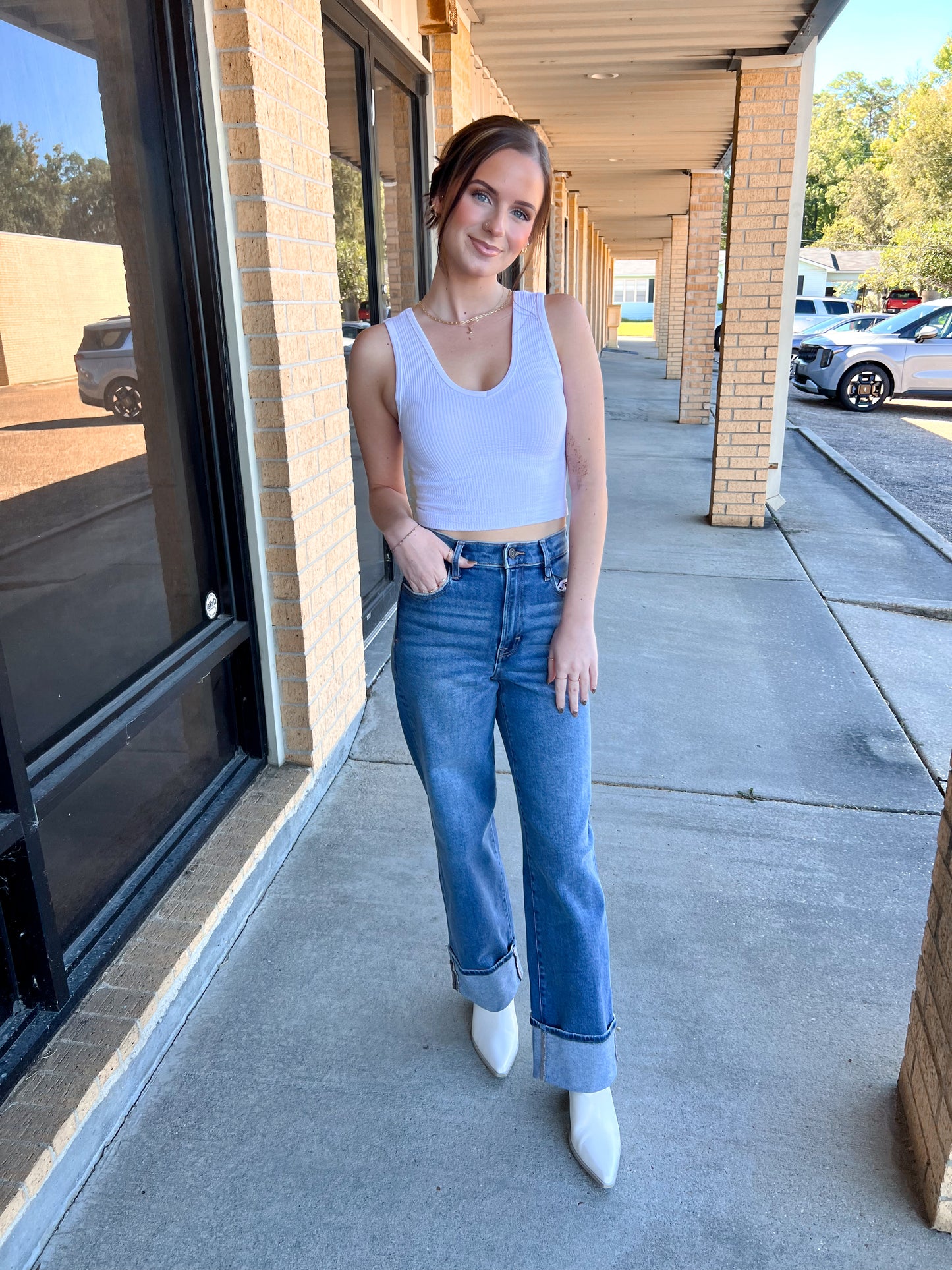 Logan Dark Wash Cuffed Stretch Clean Dad Jeans-Hidden Jeans-Bin a4,Bin b6,bottoms,Fd 8/5/25-The Twisted Chandelier