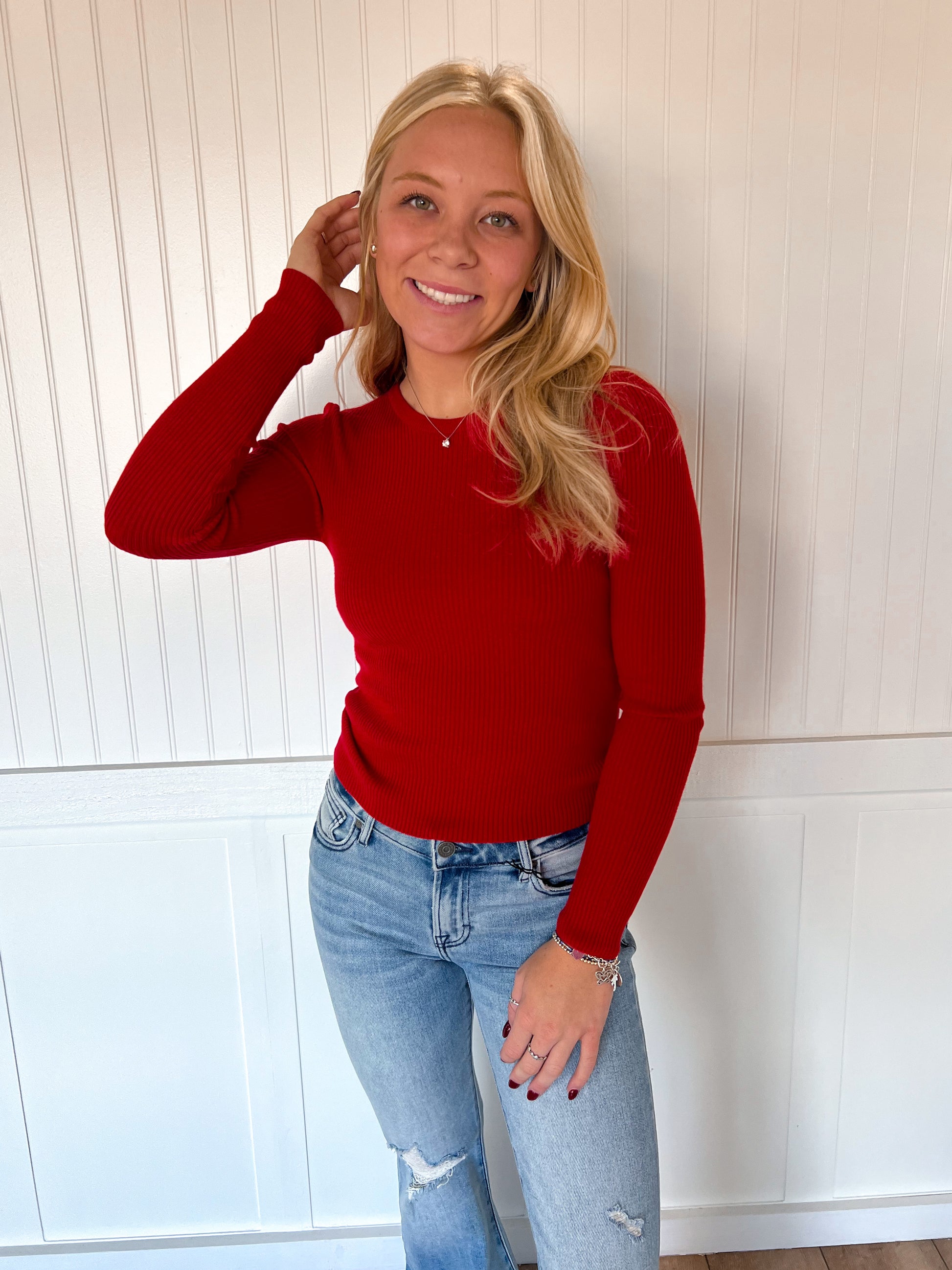 Coraline Long Sleeve Crew Neck Viscose Rib Sweater - Red-Active Basic | Active USA-The Twisted Chandelier
