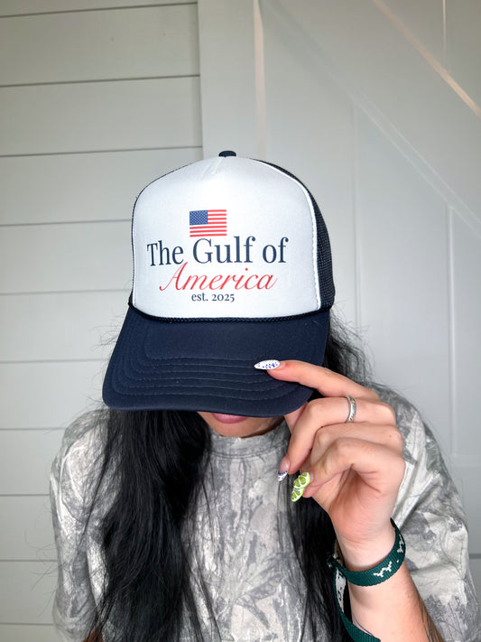 Gulf of America Snapback Foam Trucker Hat-Trucker Hat-Turquoise & Tequila-CR 04/21/25-The Twisted Chandelier