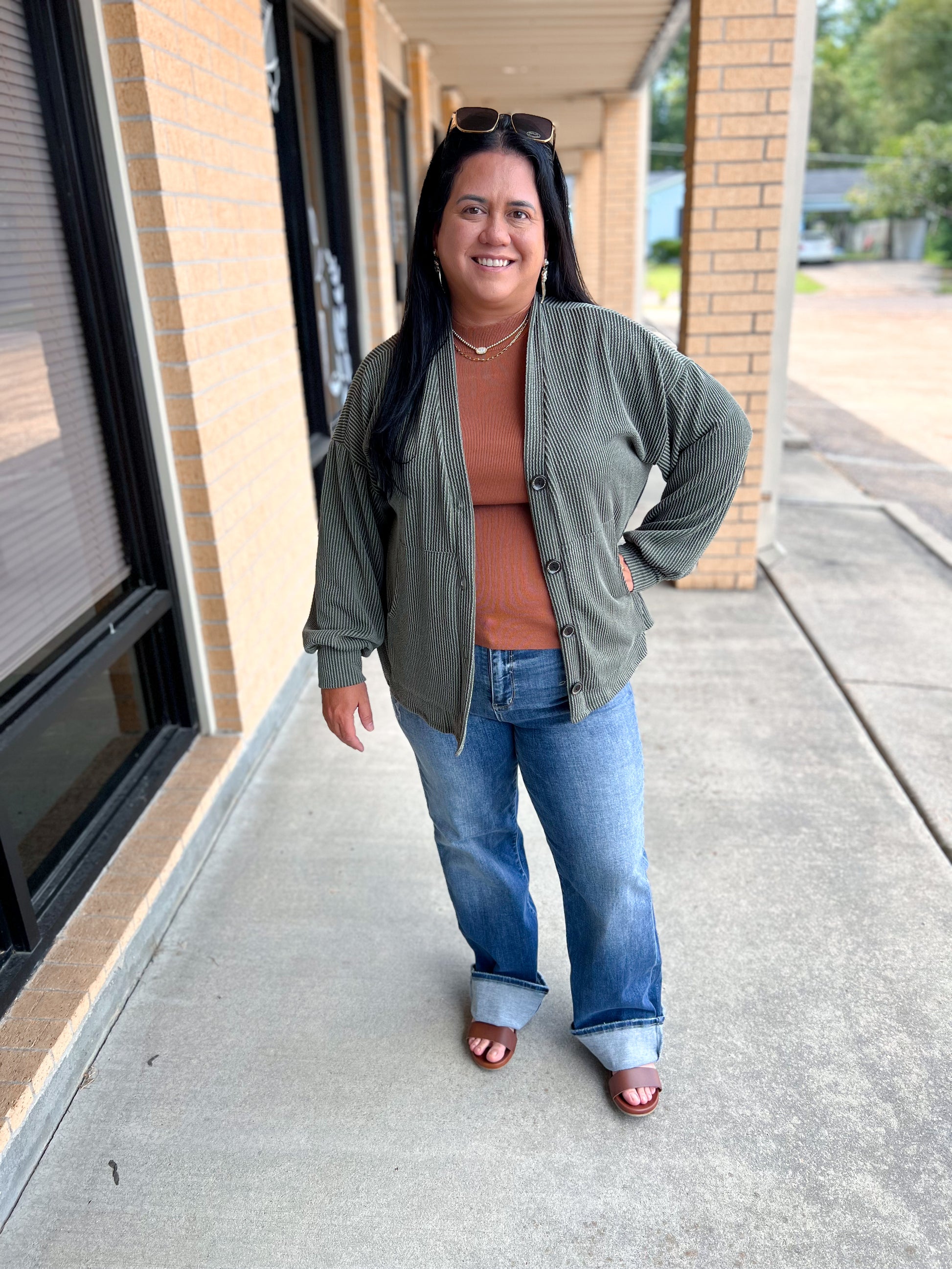 Kate Solid Rib Drop Shoulder Button Balloon Sleeve Cardigan - Olive-7th Ray-Bin a4,FD 09/22/25-The Twisted Chandelier