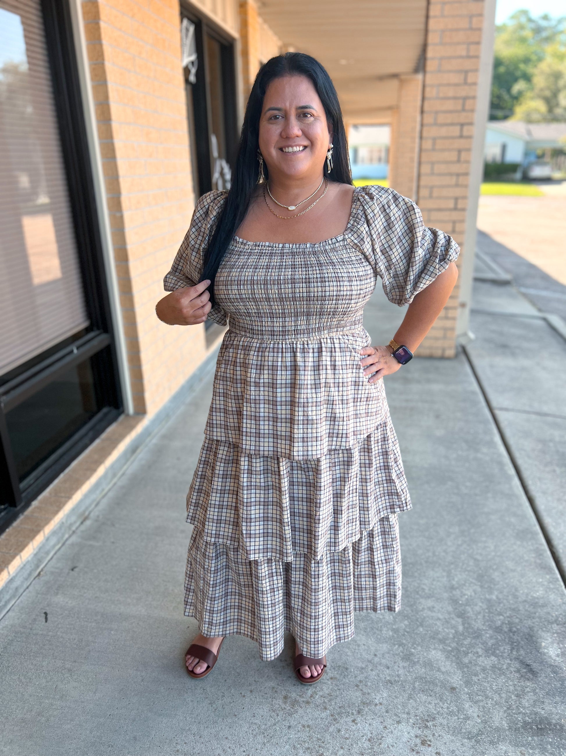 Charlotte Crinkled Plaid Smocked Top Midi Dress-Oddi-Bin B3,DJR-The Twisted Chandelier
