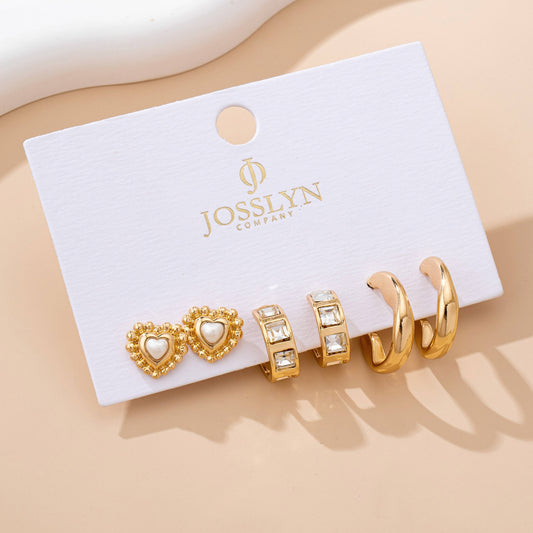 Pearl Heart & Rhinestone Huggie Hoop Trio Earrings-JOSSLYN by wall to wall-80E61757-The Twisted Chandelier