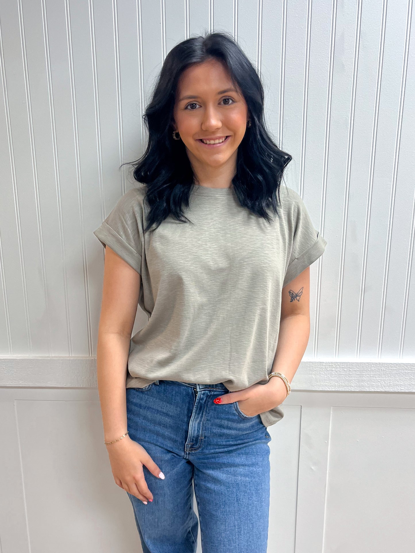 Delaney Cotton Modal Slub Rolled Sleeve Tee - Mushroom-ZENANA-Tops Collection-The Twisted Chandelier