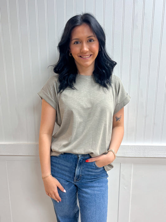 Delaney Cotton Modal Slub Rolled Sleeve Tee - Mushroom-ZENANA-Tops Collection-The Twisted Chandelier