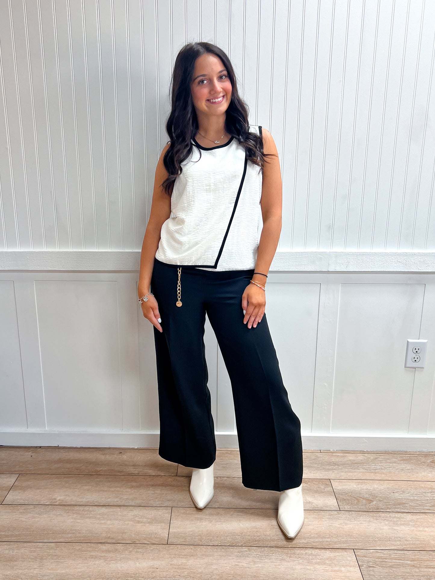 Emery Sleeveless Round Neck Woven Top with Contrasting Edge Detail-Active Basic | Active USA-FD 04/30/26,Tops Collection-The Twisted Chandelier