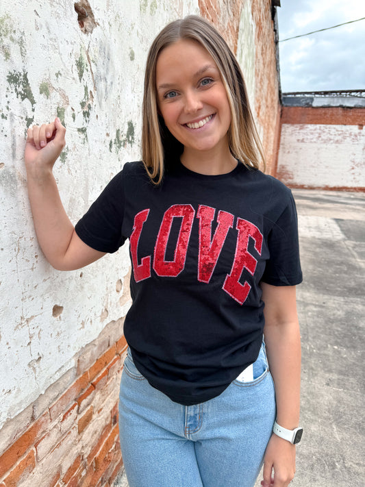Black Arched Love Short Sleeve Embroidered Patch Tee-Graphic T-Shirt-Southern Belle Wholesale-BIN C6-The Twisted Chandelier