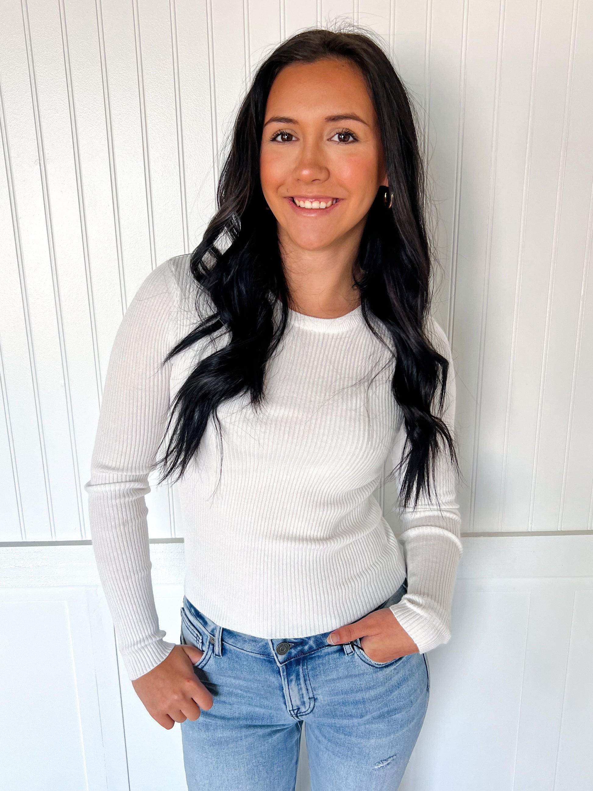 Coraline Long Sleeve Crew Neck Viscose Rib Sweater - Off White-Active Basic | Active USA-Tops Collection-The Twisted Chandelier