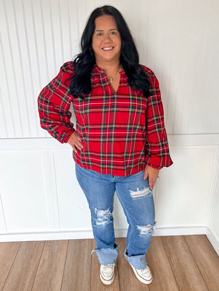 Clara Christmas Plaid Ruffled V-Neck Top with Balloon Sleeves-Blouse-BiBi-BIN A 3,FD 11/6/25-The Twisted Chandelier