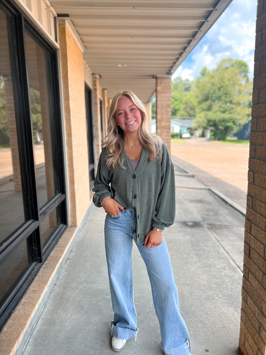 Kate Solid Rib Drop Shoulder Button Balloon Sleeve Cardigan - Olive-7th Ray-Bin a4,FD 09/22/25-The Twisted Chandelier