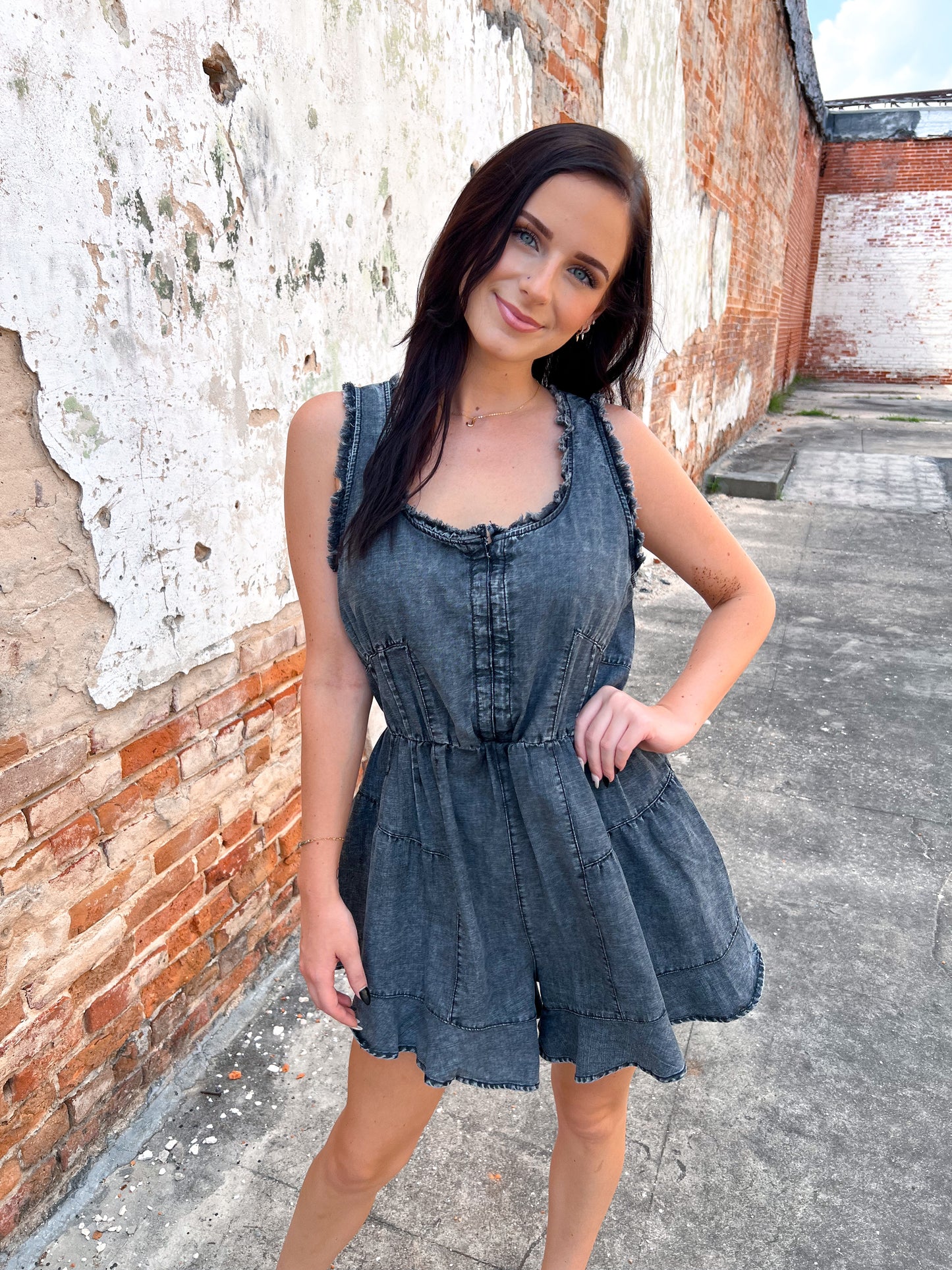 Dena Washed Chambray Denim Frayed Romper-VERY J-Bin B1,FD 07/01/25-The Twisted Chandelier