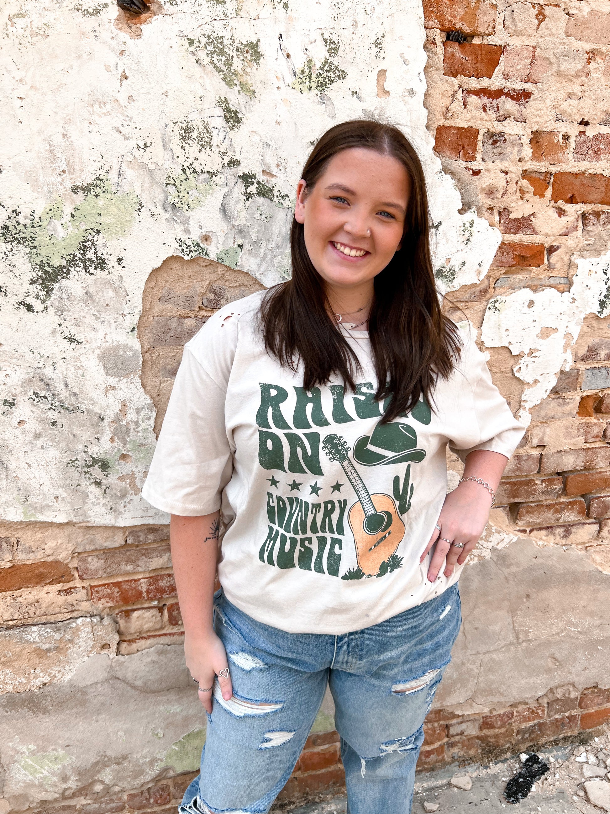 Raised on Country Music Distressed Rocker Tee - Plus-Rocker Tee-Zutter-05/25/24, 1st md, 88525-1992, FAVES, Max Retail, SH13535-The Twisted Chandelier