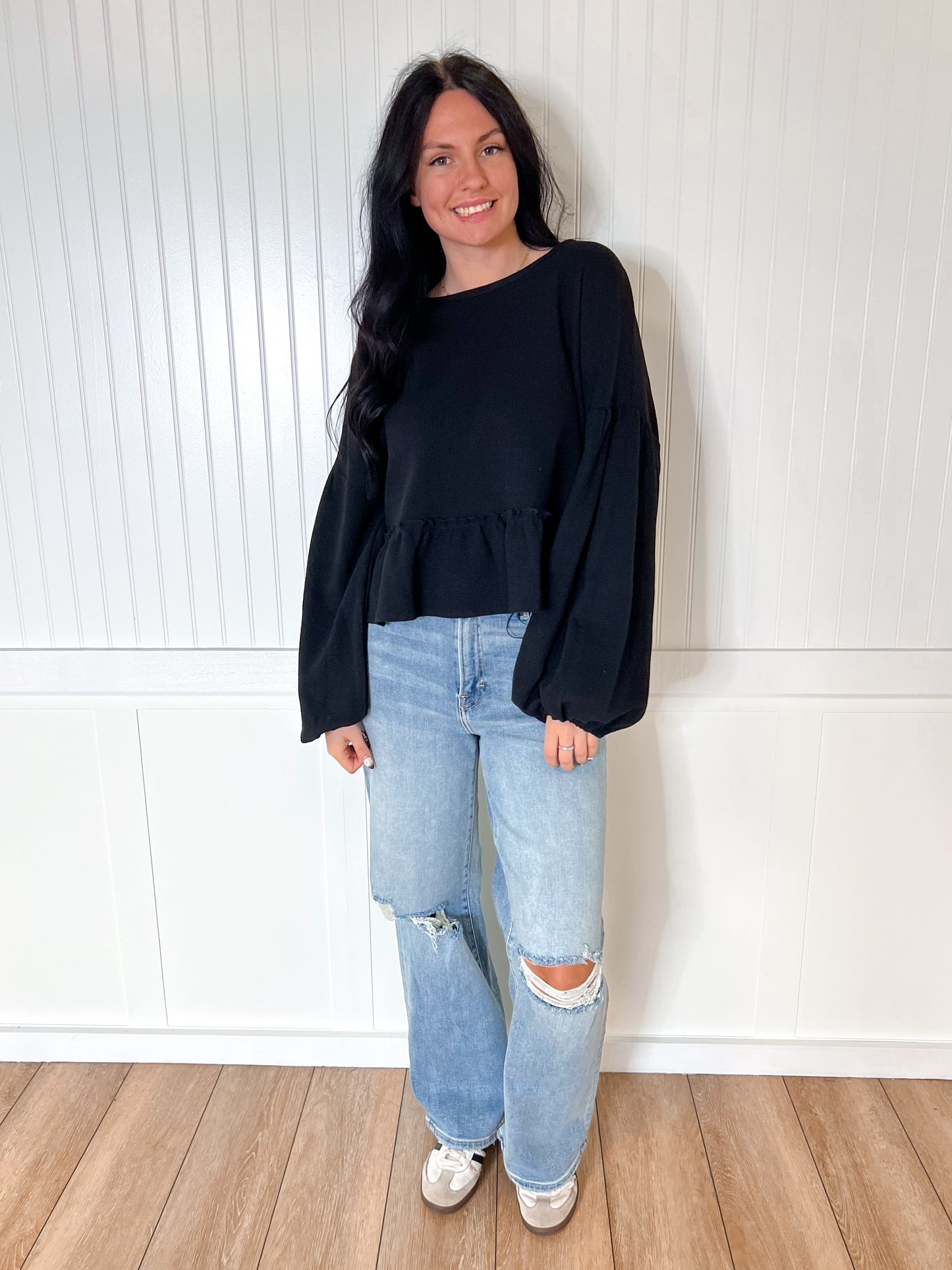 Halston Waffle Top - Black-BLOUSE TOP-Southern Grace Wholesale-Max Retail,Tops Collection-The Twisted Chandelier