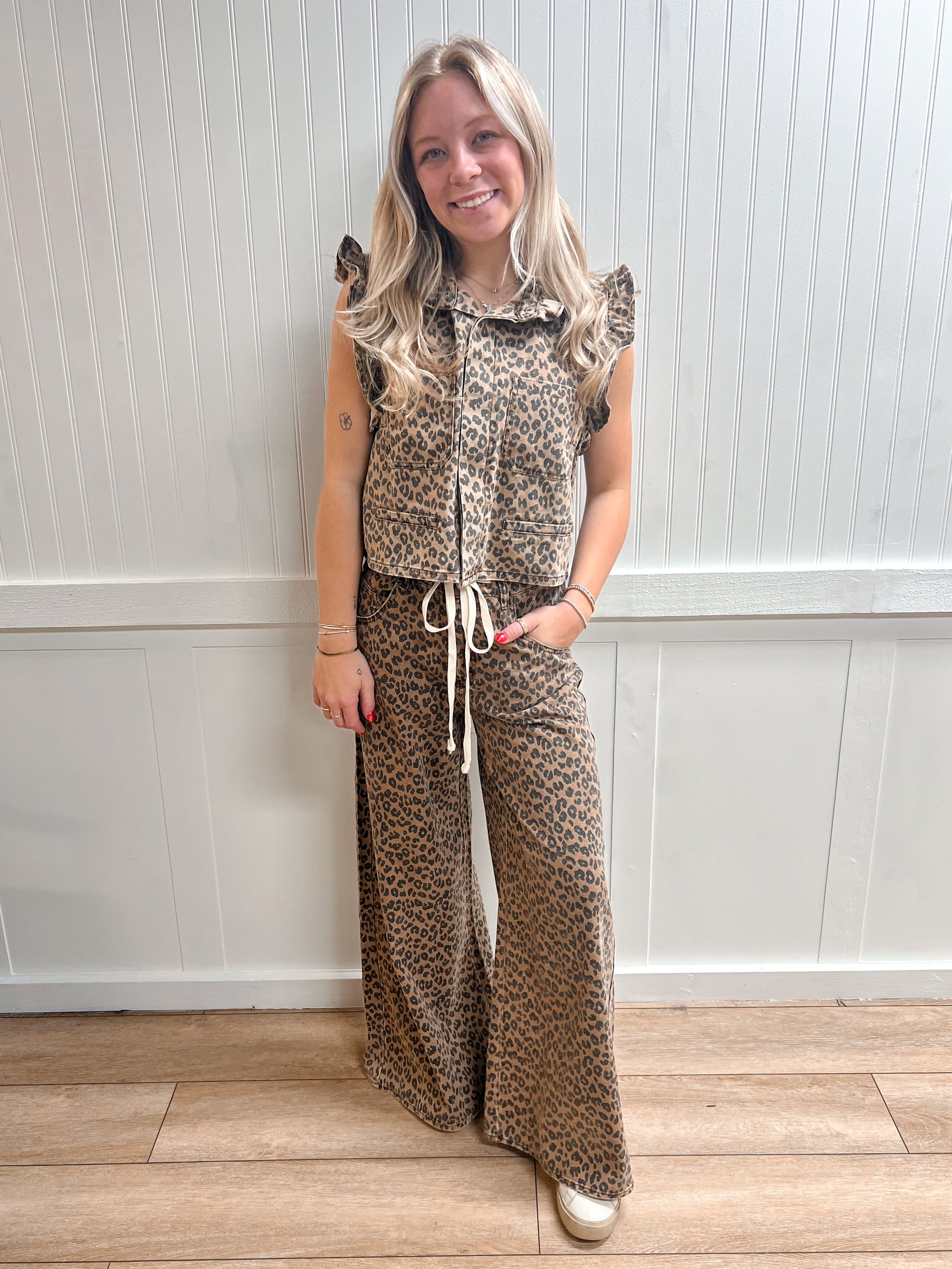 Monroe Ruffle Shoulder Leopard Printed Vest-NOABOA-FD 02/27/26,MS1025-1,Tops Collection-The Twisted Chandelier