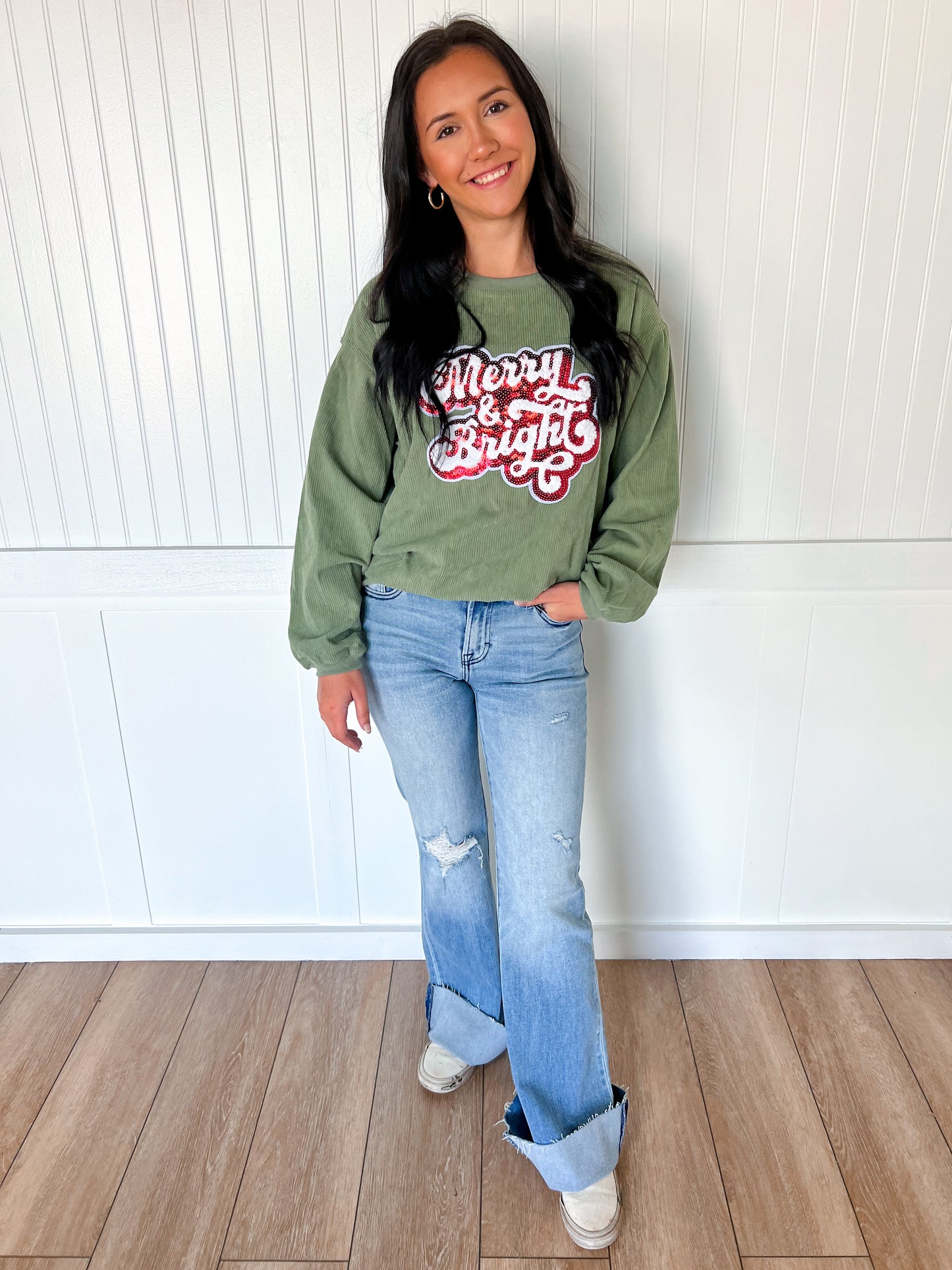 Christmas Merry & Bright Sequin Rib Sweatshirt-Sweatshirt-fashionworks-Bin a1,FD 12/03/24,Tops Collection-The Twisted Chandelier