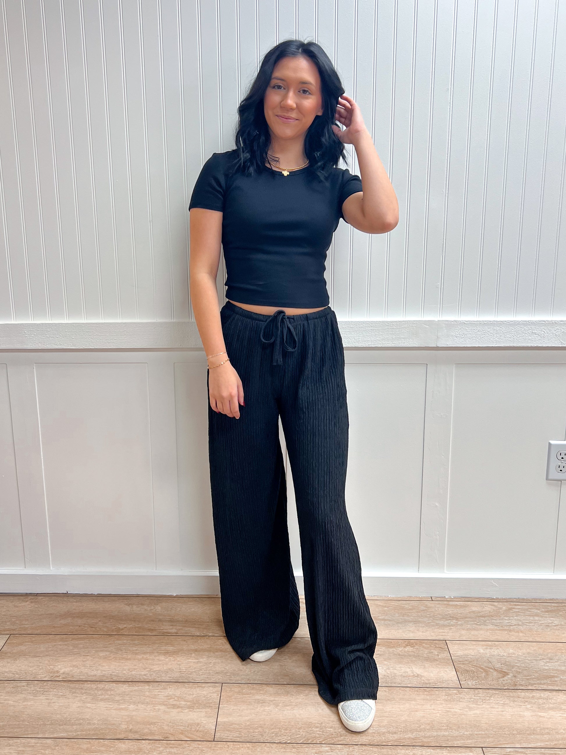 Tatum Waistband with String Crinkle Knit Long Pants-Active Basic | Active USA-bottoms,FD 02/03/26-The Twisted Chandelier