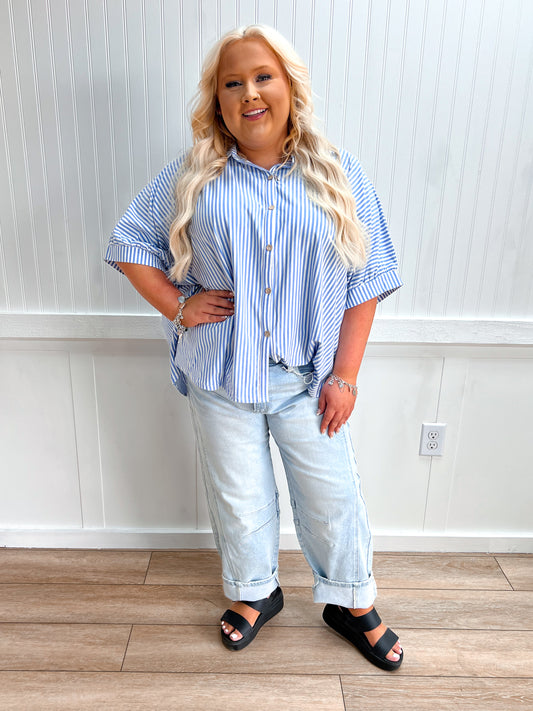 Merritt Oversized Stripe Button-Down Stretch Knit Shirts - Plus-Top-Zenana-FD 05/26/26,Tops Collection-The Twisted Chandelier