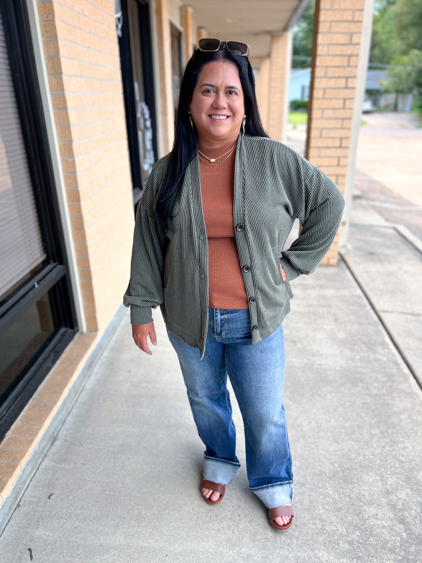 Kate Solid Rib Drop Shoulder Button Balloon Sleeve Cardigan - Olive-7th Ray-Bin a4,FD 09/22/25-The Twisted Chandelier