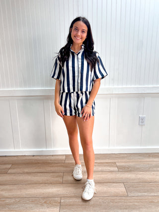 Indie Short Sleeve Shirt & Wide Stripe Linen Effect Shorts Set-Outfit Sets-Active Basic | Active USA-05/26/26,FD 03/31/26,OGP 49.99,RWB-The Twisted Chandelier