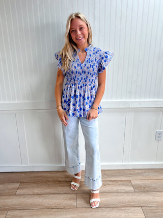 Elsie Floral Print Flutter Sleeve Woven Top-ENTRO-FD 05/14/26,Tops Collection-The Twisted Chandelier