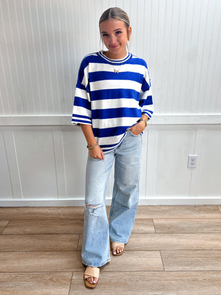 Baylor Stripe Knit Oversized Top - Blue