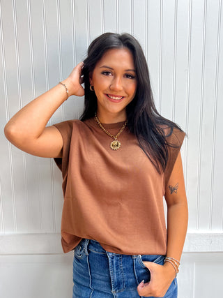 Cora Solid Round Neck Cap Sleeve Top - Mocha