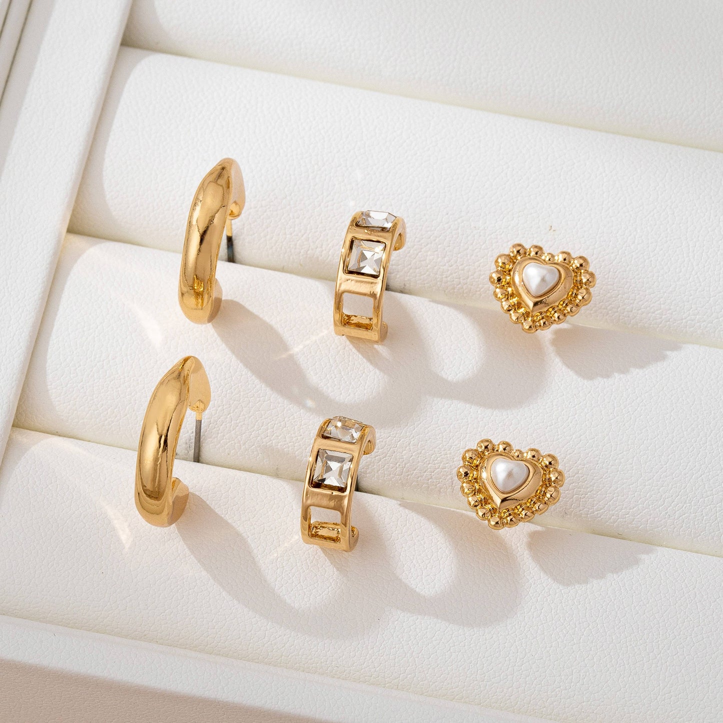 Pearl Heart & Rhinestone Huggie Hoop Trio Earrings-JOSSLYN by wall to wall-80E61757-The Twisted Chandelier