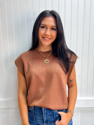 Cora Solid Round Neck Cap Sleeve Top - Mocha