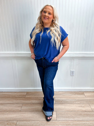 Addie Slub Cuffed Sleeve Tee - Plus - Navy-Top-ZENANA-FD 08/03/26,Tops Collection-The Twisted Chandelier