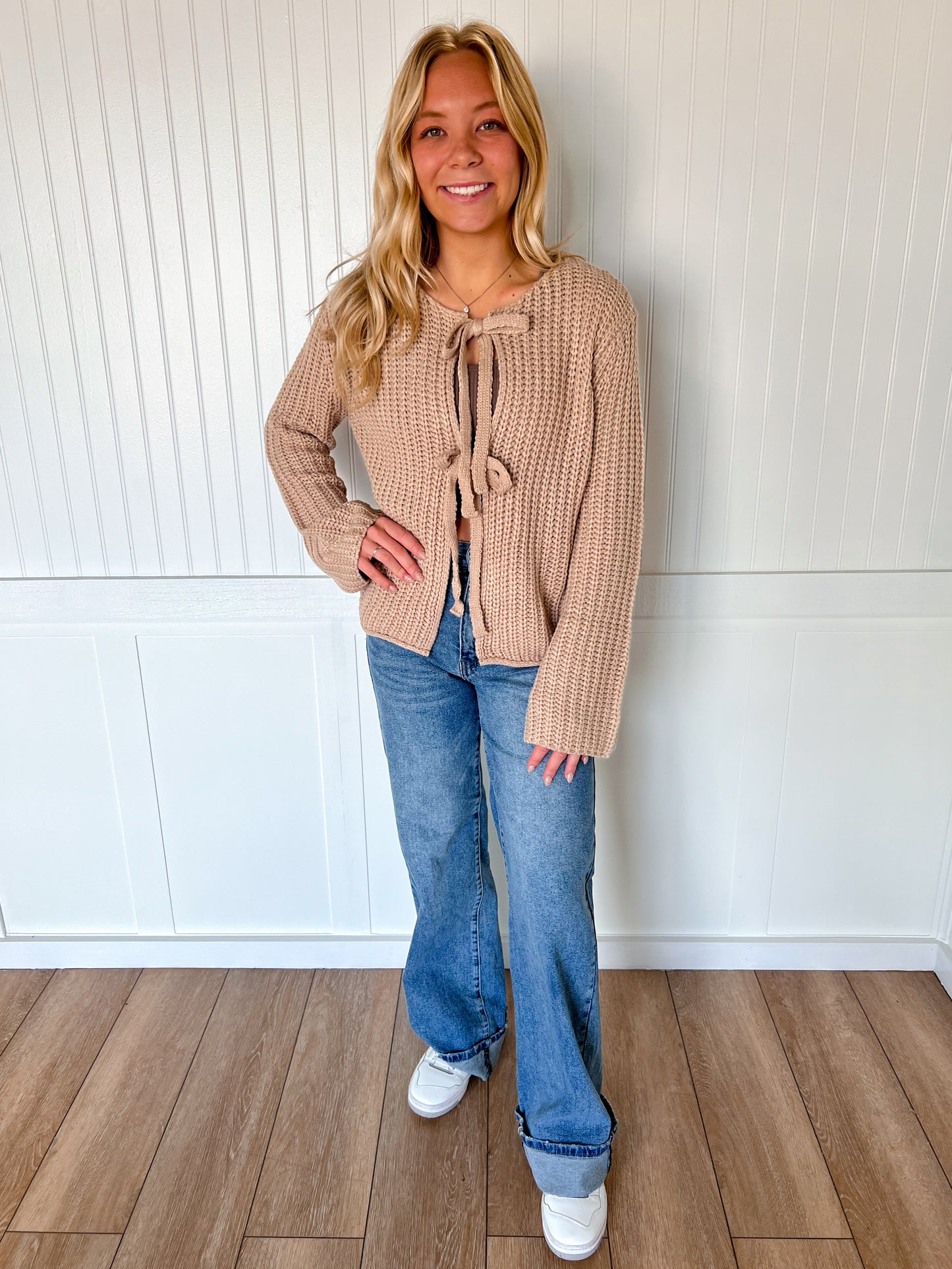 Rowan Neutral Loose Knit Sweater Top with Front Bow Tie Detail-Cardigan-BiBi-FD 11/6/25-The Twisted Chandelier