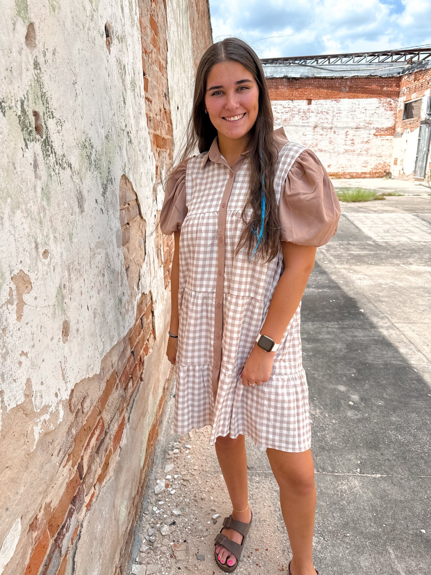 Brown Gingham Button Down Dress-Dress-Southern Grace Wholesale-7899B, BIN A4-The Twisted Chandelier