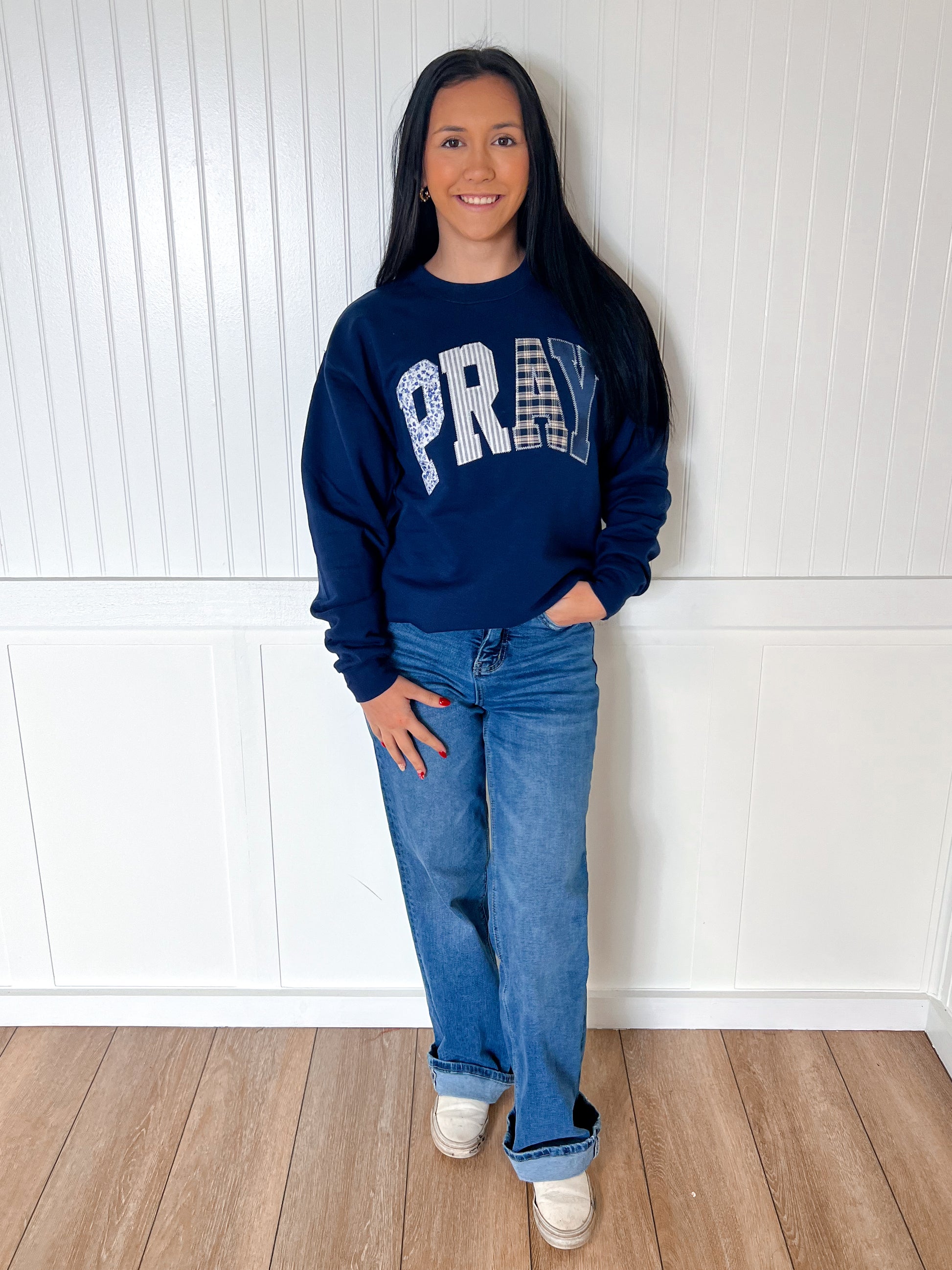 Pray Navy Faith Sweatshirt -Shop Southern Belle-Tops Collection-The Twisted Chandelier