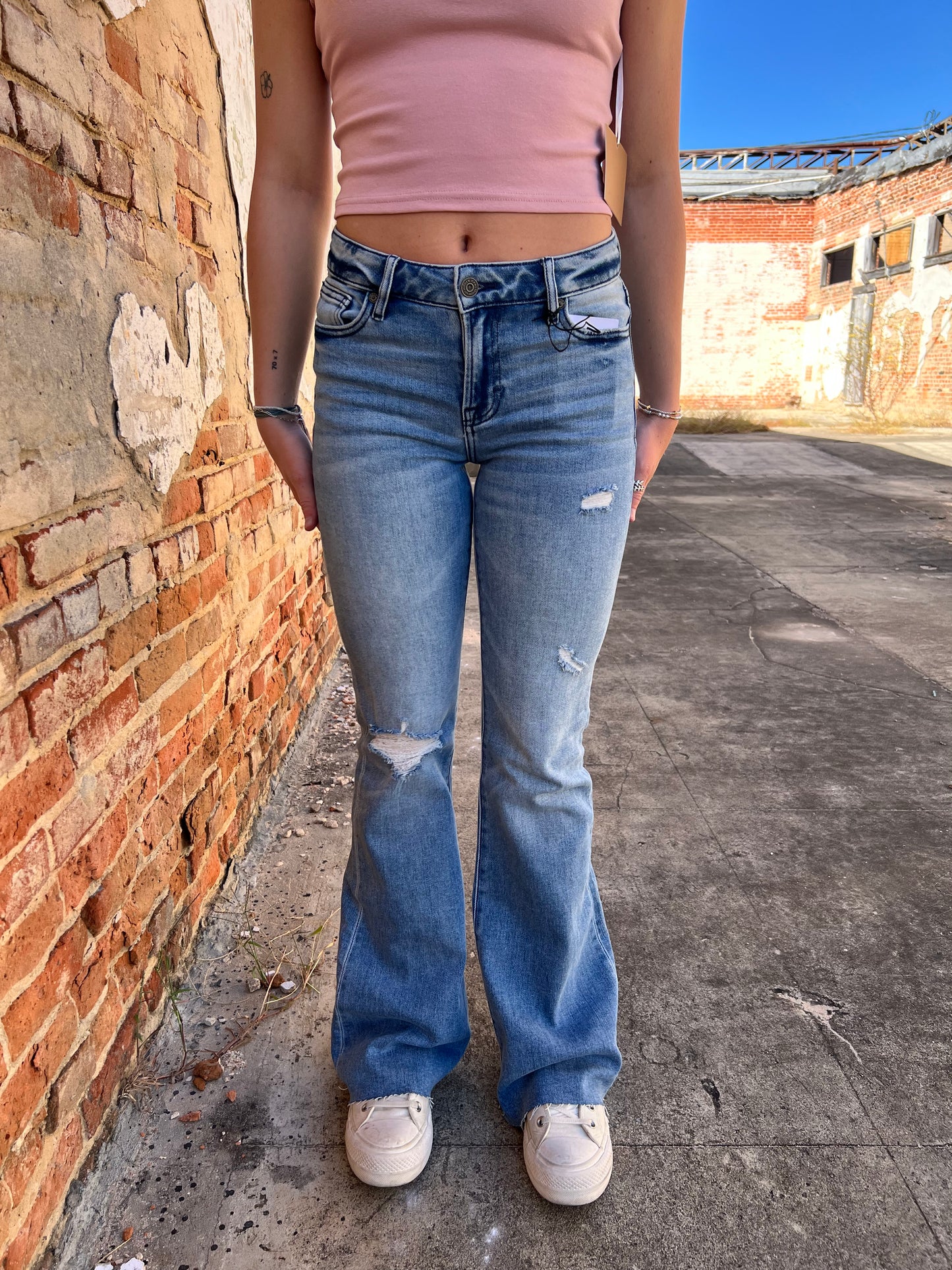 Happi Medium Light Mid Rise Distressed 33" Inseam Flare-Hidden Jeans-BIN D2, bottoms, CR 10/21/24, FD 10/22/24-The Twisted Chandelier