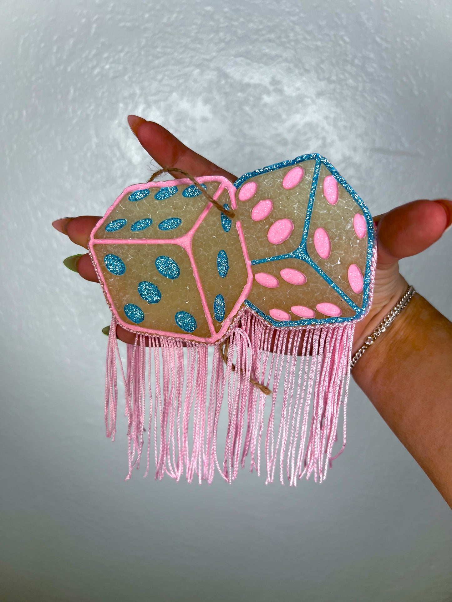 Dice with Fringe Car Freshie-Southern Creek Wholesale-Amazing Grace-Pink-The Twisted Chandelier