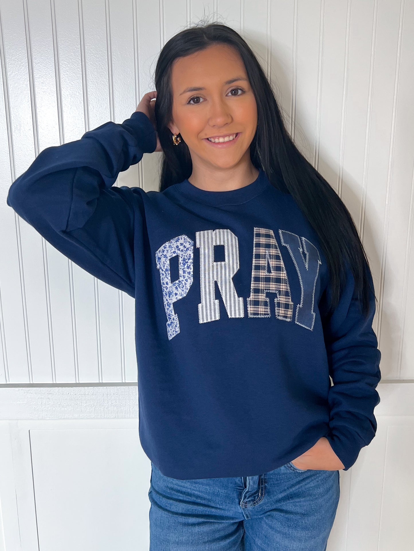 Pray Navy Faith Sweatshirt -Shop Southern Belle-Tops Collection-The Twisted Chandelier