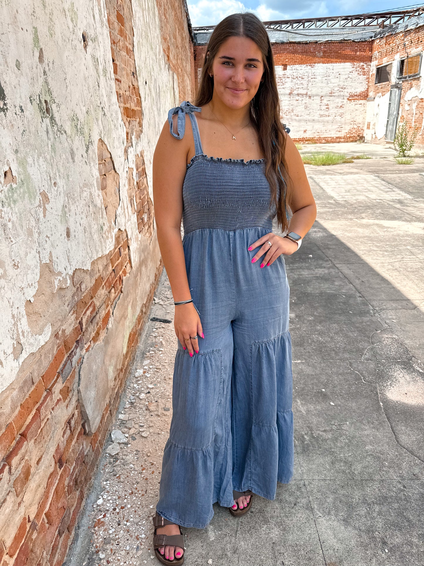 Claira Smocked Tie Shoulder Chambray Palazzo Wide Pant Jumpsuit-Romper-Entro-bin c3, CR 08/05/24-The Twisted Chandelier