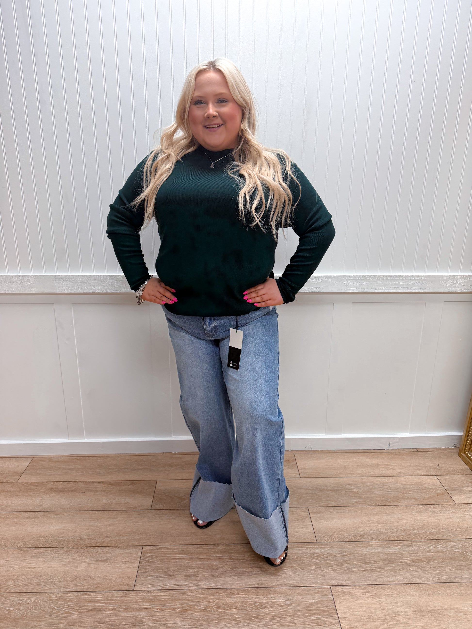 Lillian Mock Neck Long Sleeve Knit Sweater Top - Hunter Green - Plus-Sweater-blu pepper-02/10/26,03/02/26,BIN A 3,FD 12/09/24,FD 12/23/24,Tops Collection-The Twisted Chandelier