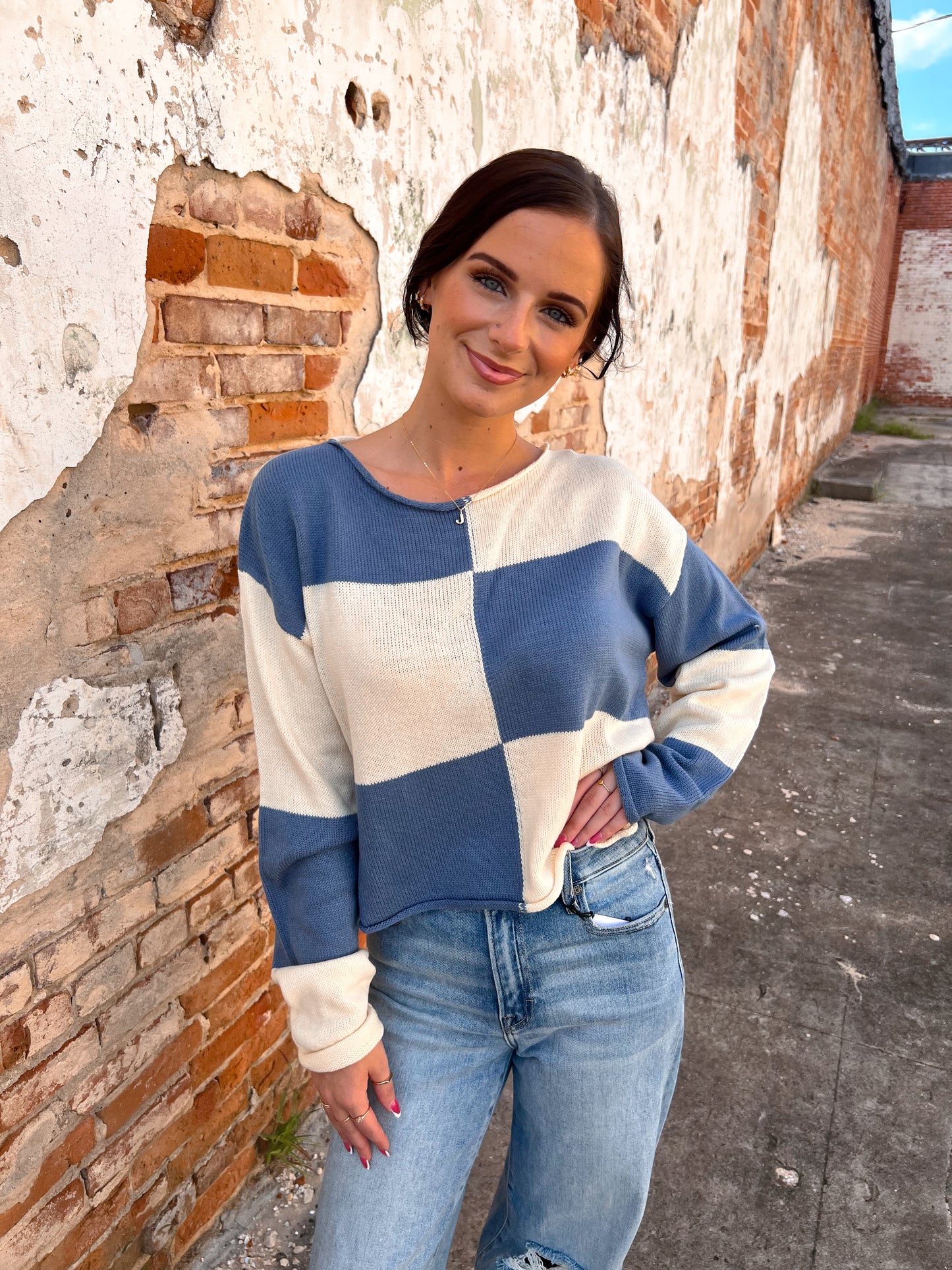 Paige Checkered Sweater Loose Fit Rolled Hem Sweater-La Miel-Bin a1,FD 09/09/25,Tops Collection-The Twisted Chandelier