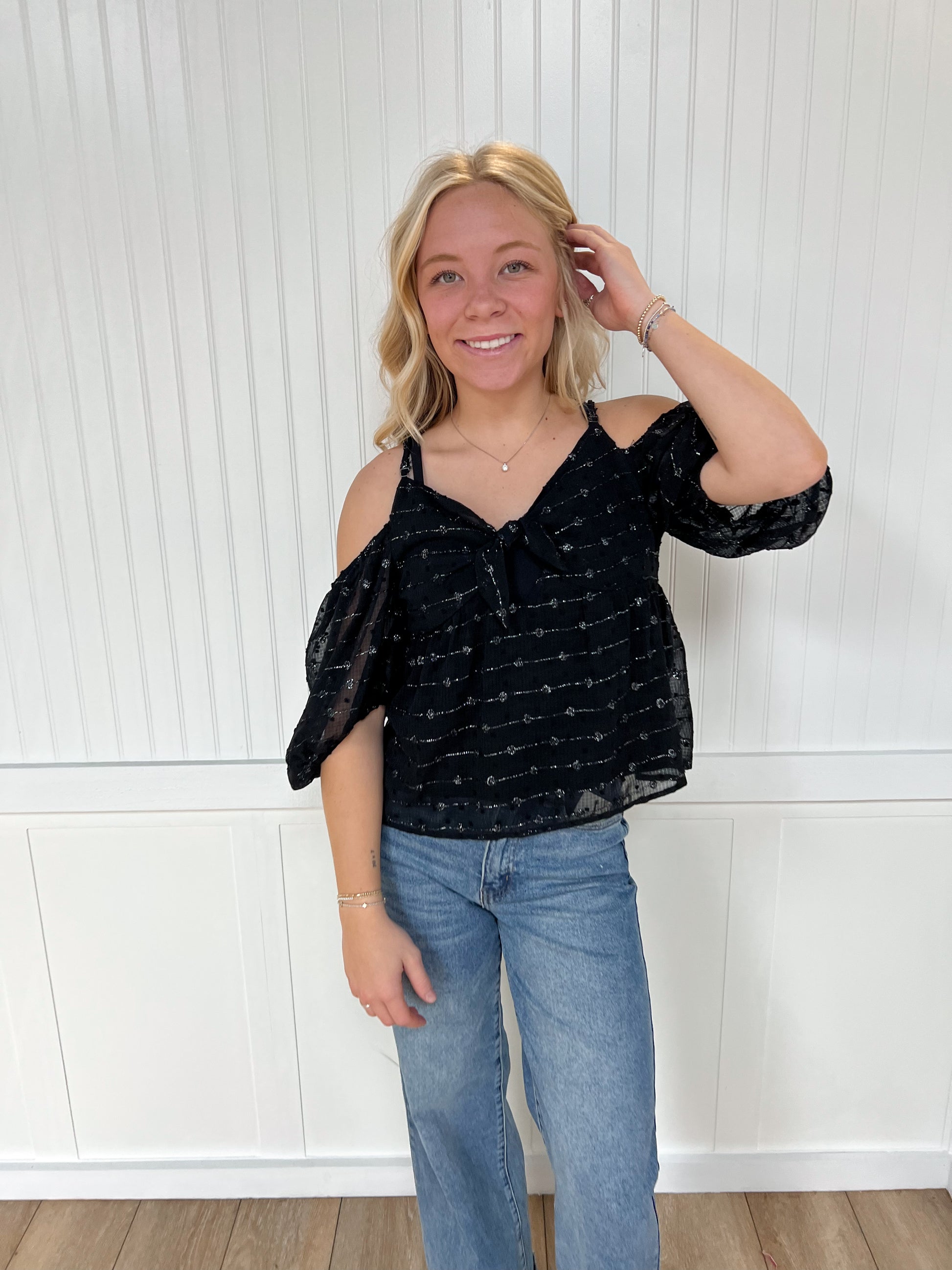 Sarah Textured Top with Bow on Front-TOPS-Andree-04/21/25,04/25,05/27/24,1st md,7/11/23,Max Retail,Mystery L- sbul,Tops Collection,western & concert-The Twisted Chandelier