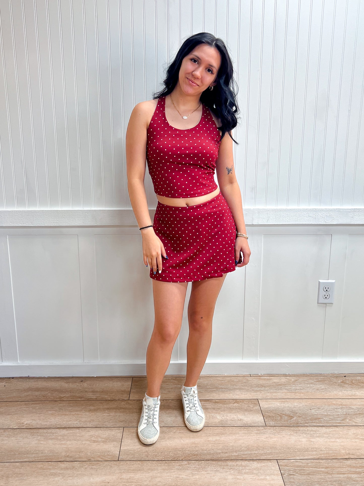 Sienna Strappy Back Tank Top & Wrap Skort Dot Print Activewear Set-Active Basic | Active USA-FD 04/30/26-The Twisted Chandelier