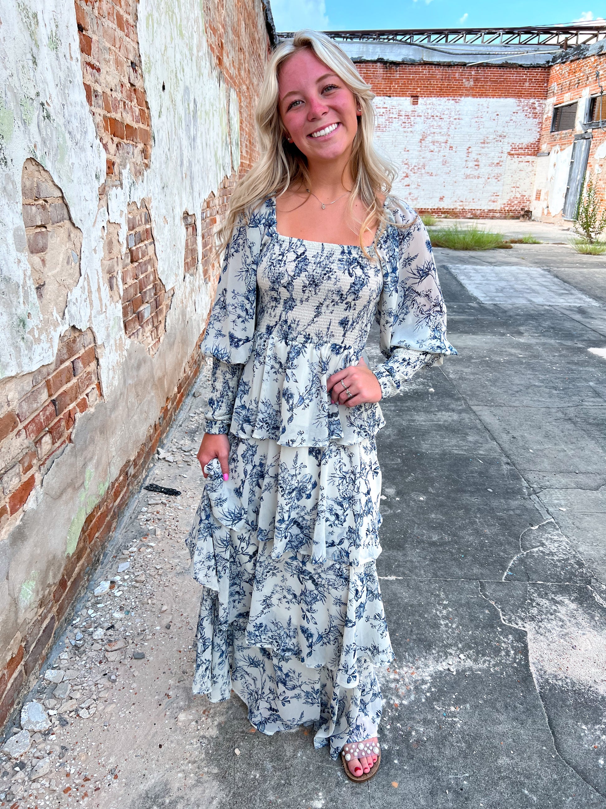 Josephine Floral China Print Long Sleeve Tiered Maxi Dress-Maxi Dress-Entro-Bin d5, CR 08/21/24-The Twisted Chandelier