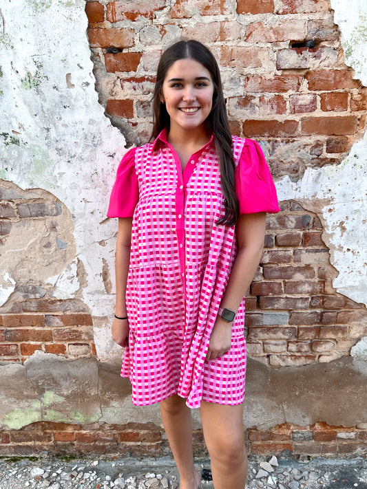 Jasmine Pink Gingham Button Up Dress-Dresses-Southern Grace Wholesale-Bin a1,DJR,FD 01/07/25-The Twisted Chandelier