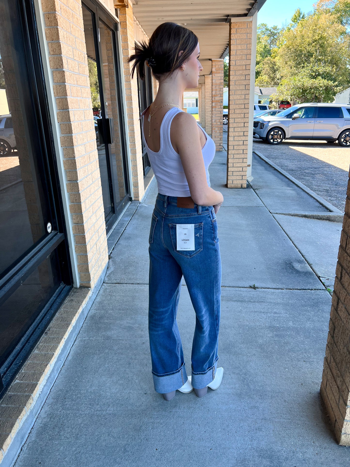 Logan Dark Wash Cuffed Stretch Clean Dad Jeans-Hidden Jeans-Bin a4,Bin b6,bottoms,Fd 8/5/25-The Twisted Chandelier