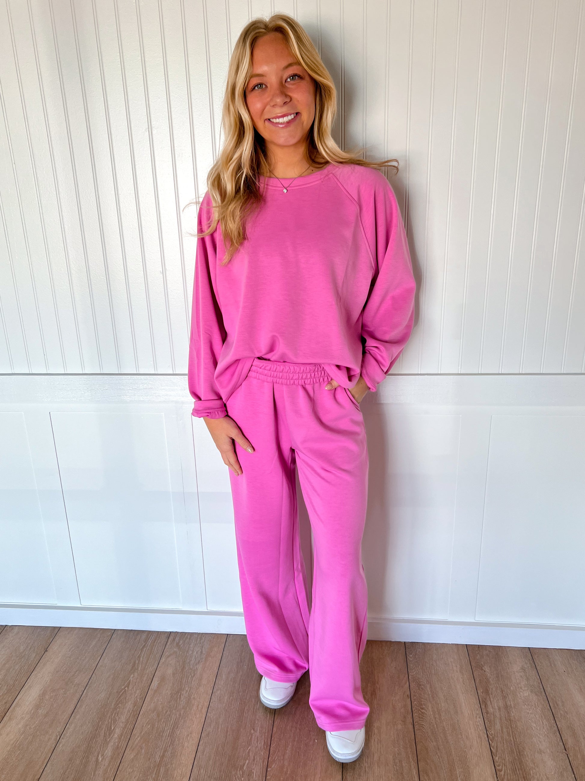 Tessa Scuba Crewneck Pullover & Pants 2-Piece Lounge Set – Soft Stretch Matching Set - Pink-Outfit Sets-Zenana-FD 11/6/25-The Twisted Chandelier