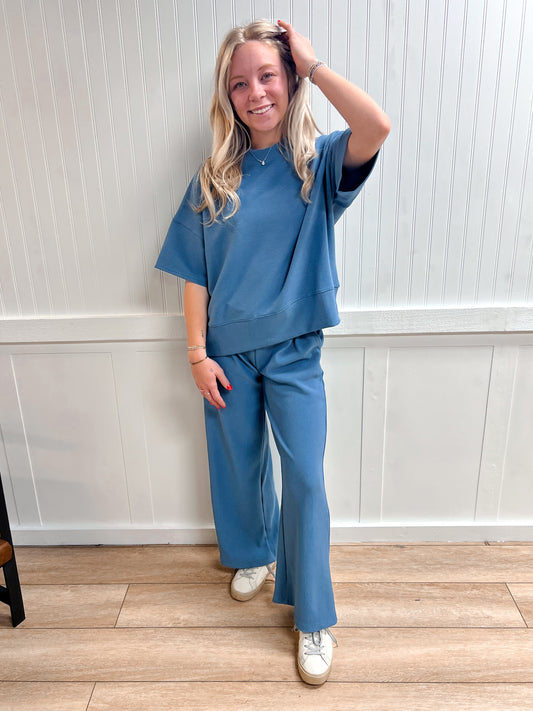 Jovie Ribbed Round Neck Tee & Pants Set – Soft Knit Two-Piece Lounge Outfit - Dusty Blue-Outfit Sets-Zenana-The Twisted Chandelier