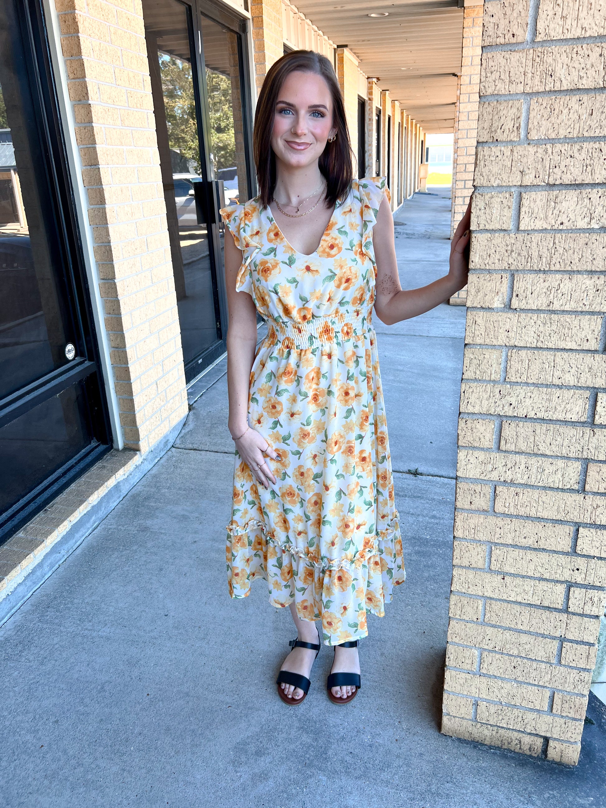 Josie Ruffled Sleeve Floral Print Woven Smocked Waist Midi Dress-Dress-She & Sky-09/03/24,1st md,DJR,OGP 49.99,SY6497-The Twisted Chandelier