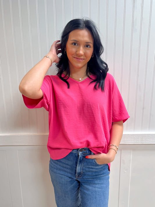 Brynn Woven Airflow V-Neck Short Sleeve Top - Fuchsia-ZENANA-Tops Collection-The Twisted Chandelier