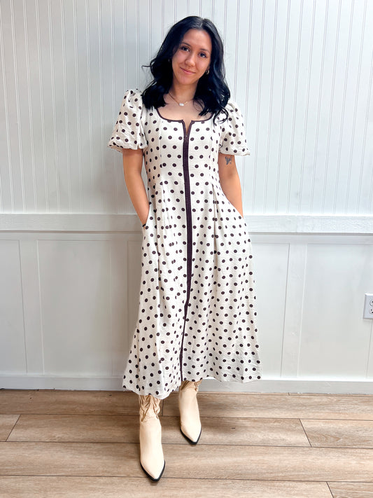Vivi Polka Dot Short Puff Sleeve Midi Dress-ENTRO-D30640,DJR,FD 04/30/26-The Twisted Chandelier