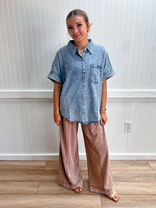 Blythe Mineral Washed Chambray Oversized Shirt Top