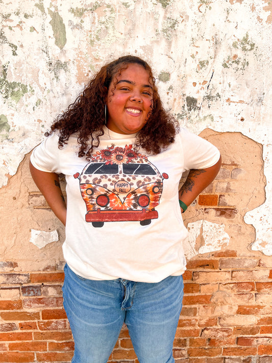Groovy Leopard Floral Fall Bus Graphic Tee - Plus-Shirts & Tops-Kissed Apparel-white-The Twisted Chandelier